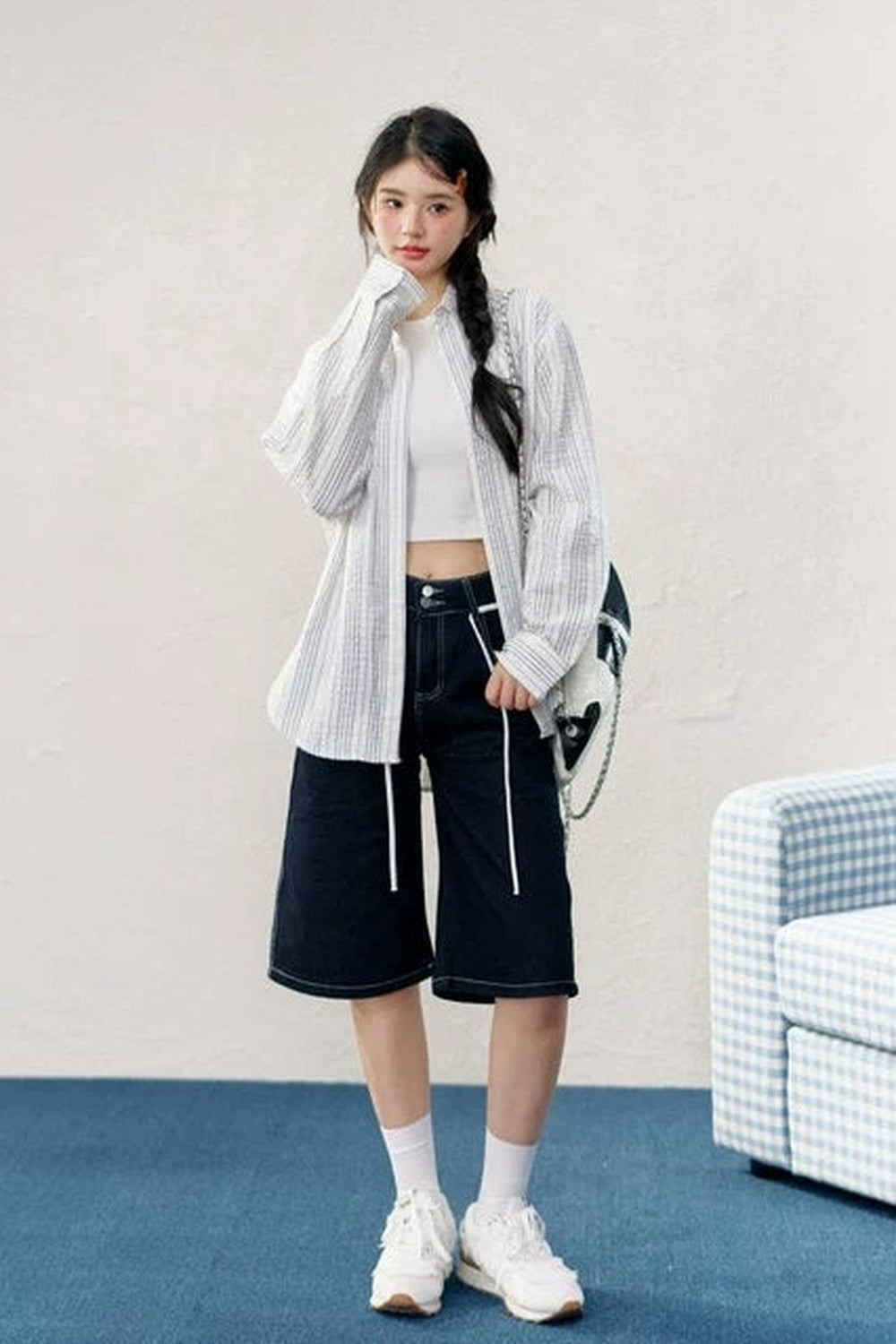 Washed Denim Drawstring Shorts