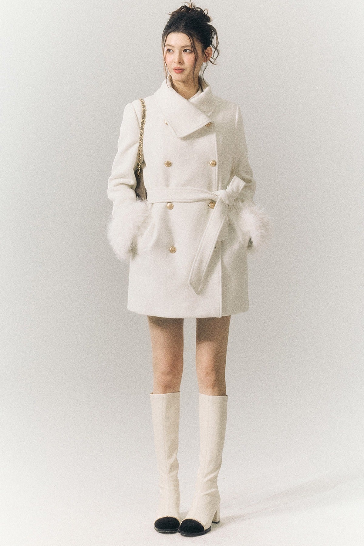 White Wool Detachable Fur Sleeve Coat