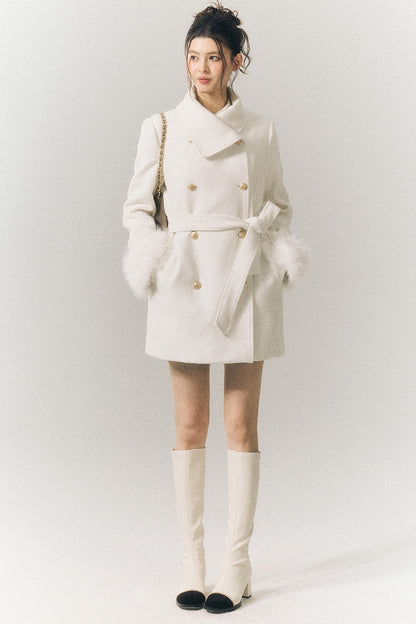 White Wool Detachable Fur Sleeve Coat
