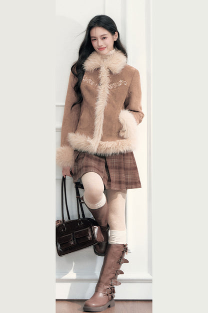 Embroidered Suede Faux Fur Jacket