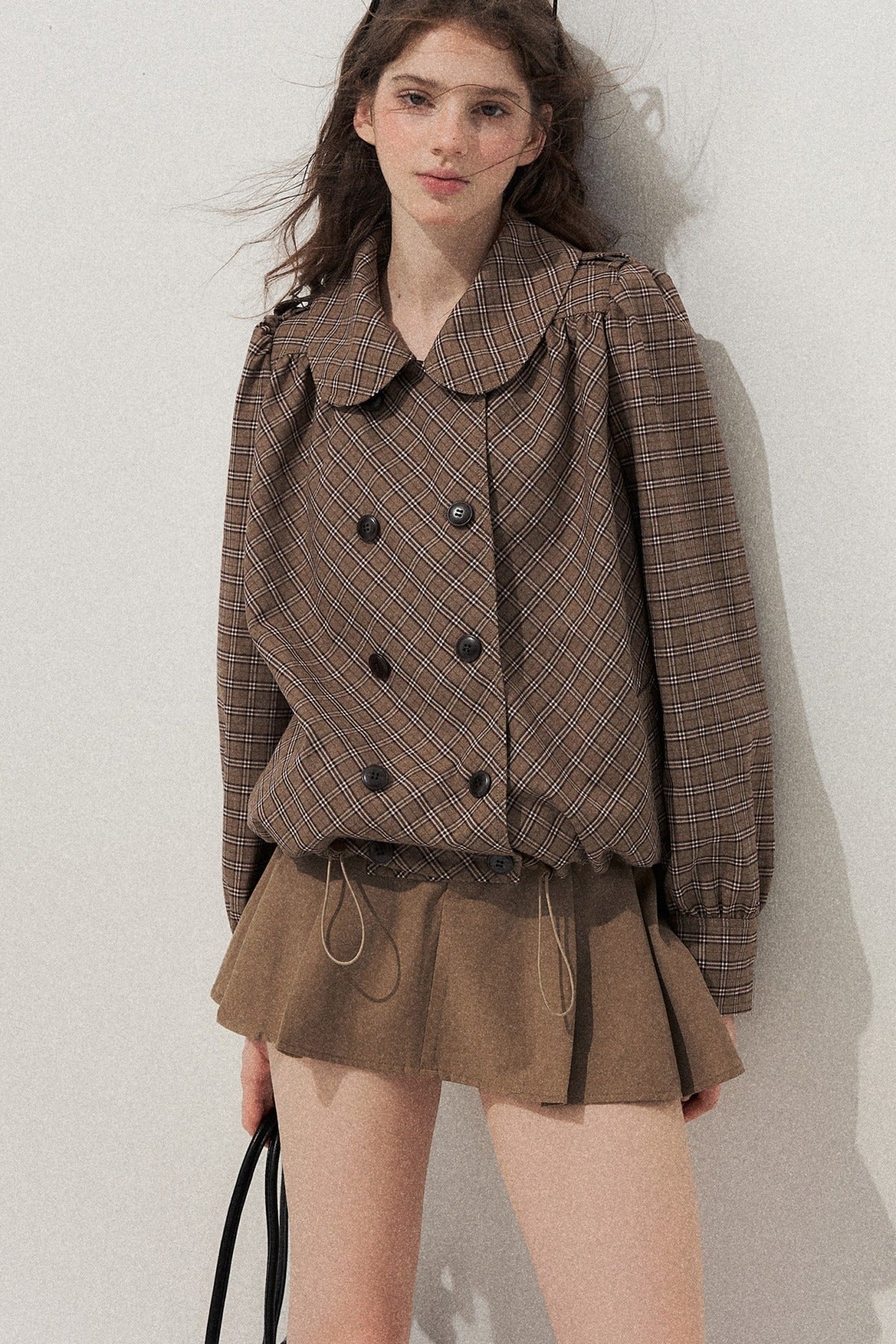 Brown Doll Collar Trench Coat and Skirt Set-Up