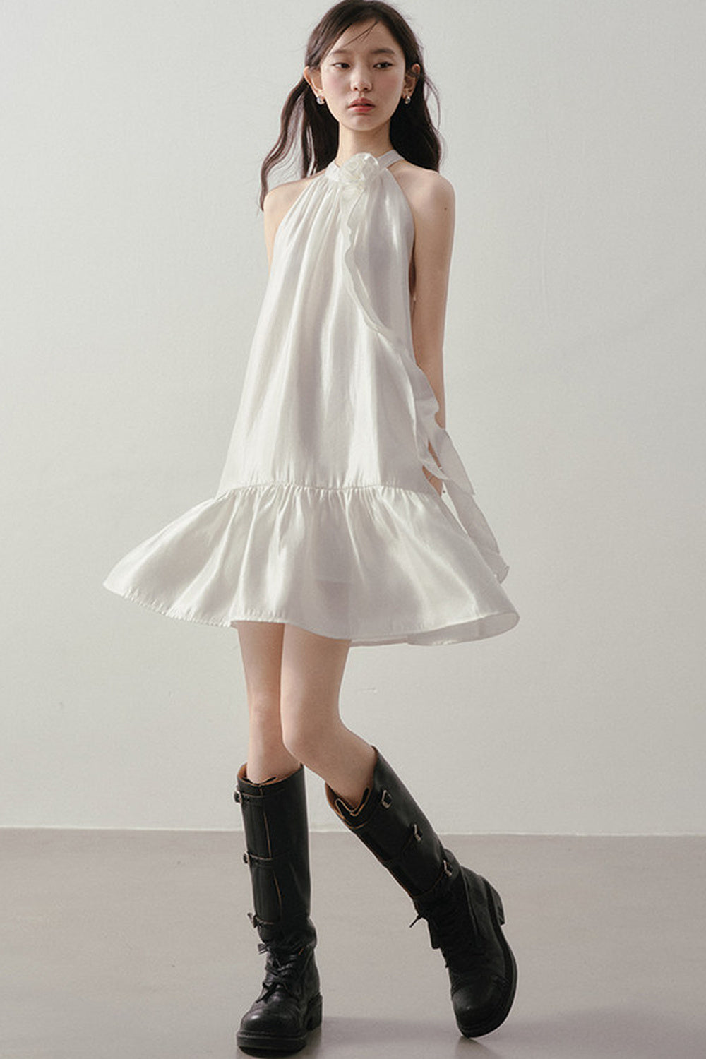 White Rose Halter Neck Ruffle Dress
