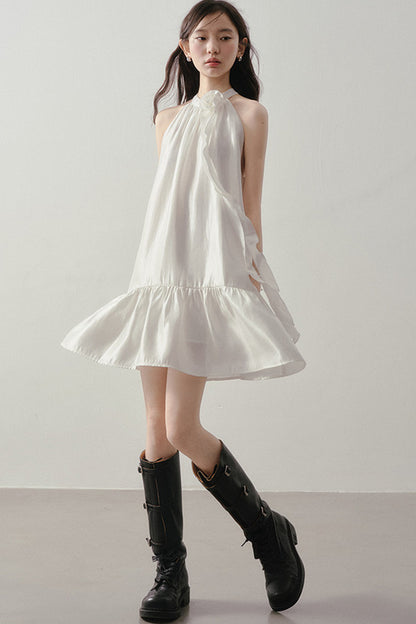 White Rose Halter Neck Ruffle Dress