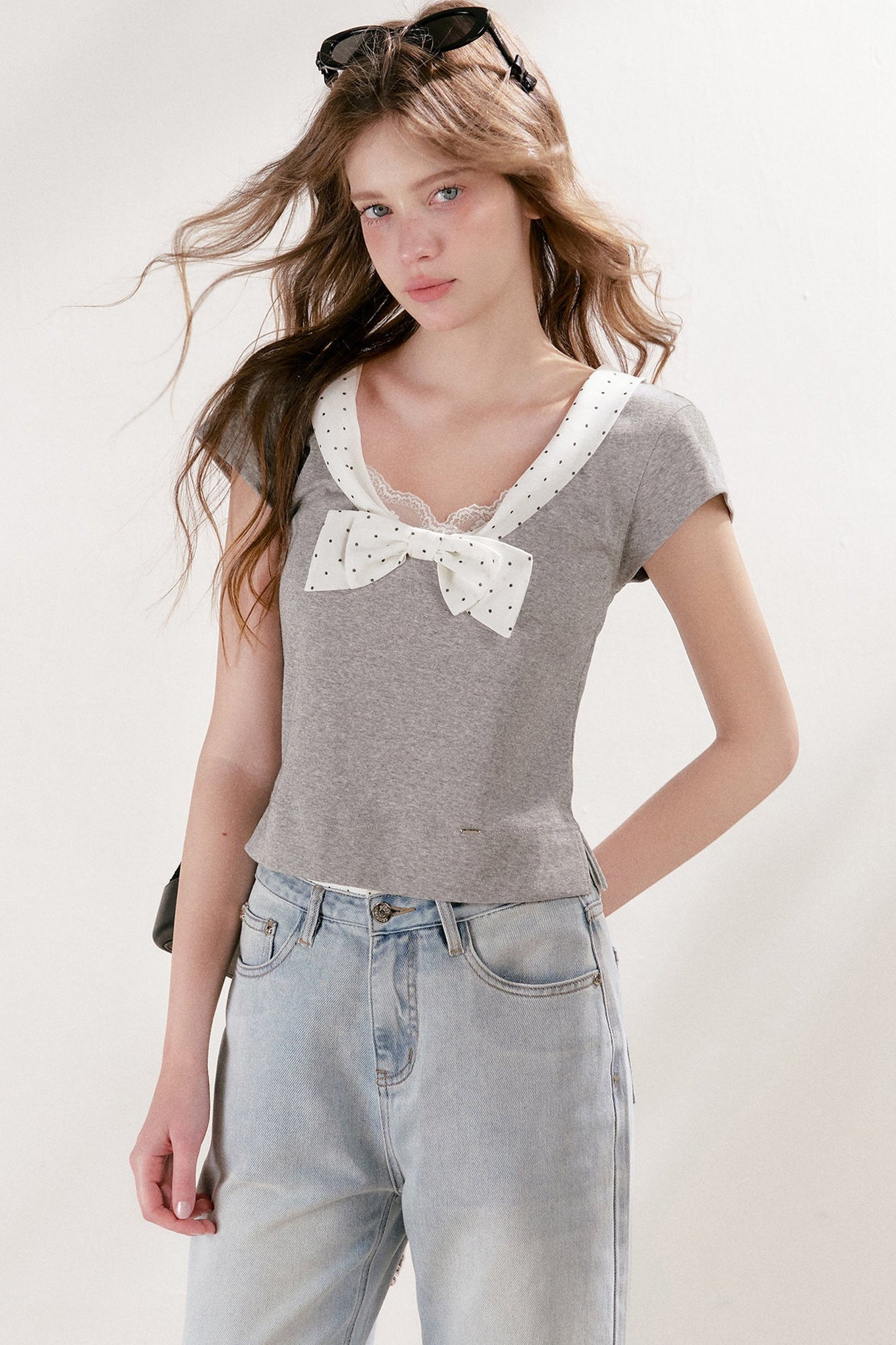 Polka Dot Bow Patchwork Color-Block T-Shirt