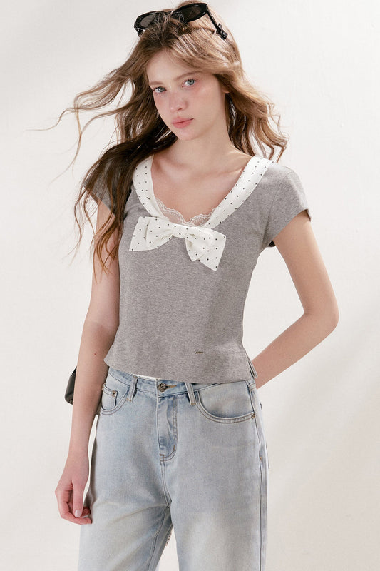 Polka Dot Bow Patchwork Color-Block T-Shirt