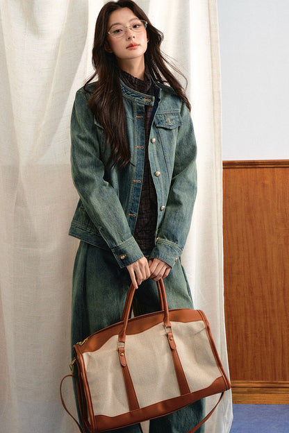 Retro Washed Denim Top and Wide-Leg Pants Set-Up