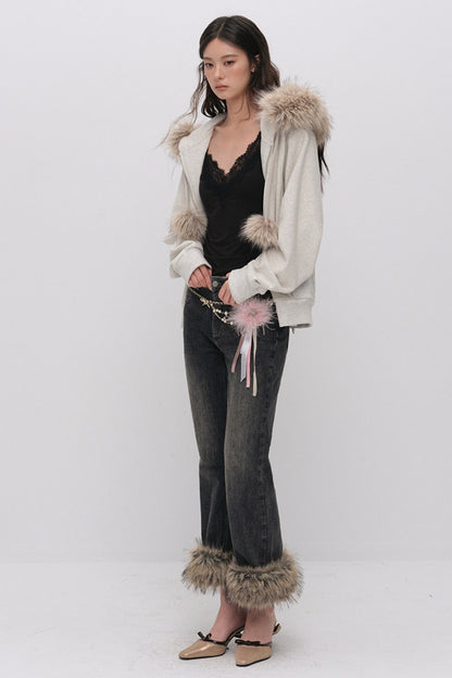 Fur Trim Hooded Sweatshirt and Sweatpants Set-Up