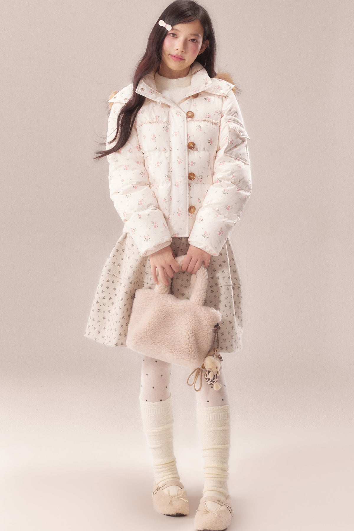 Floral Fur Collar Hooded Toggle Jacket