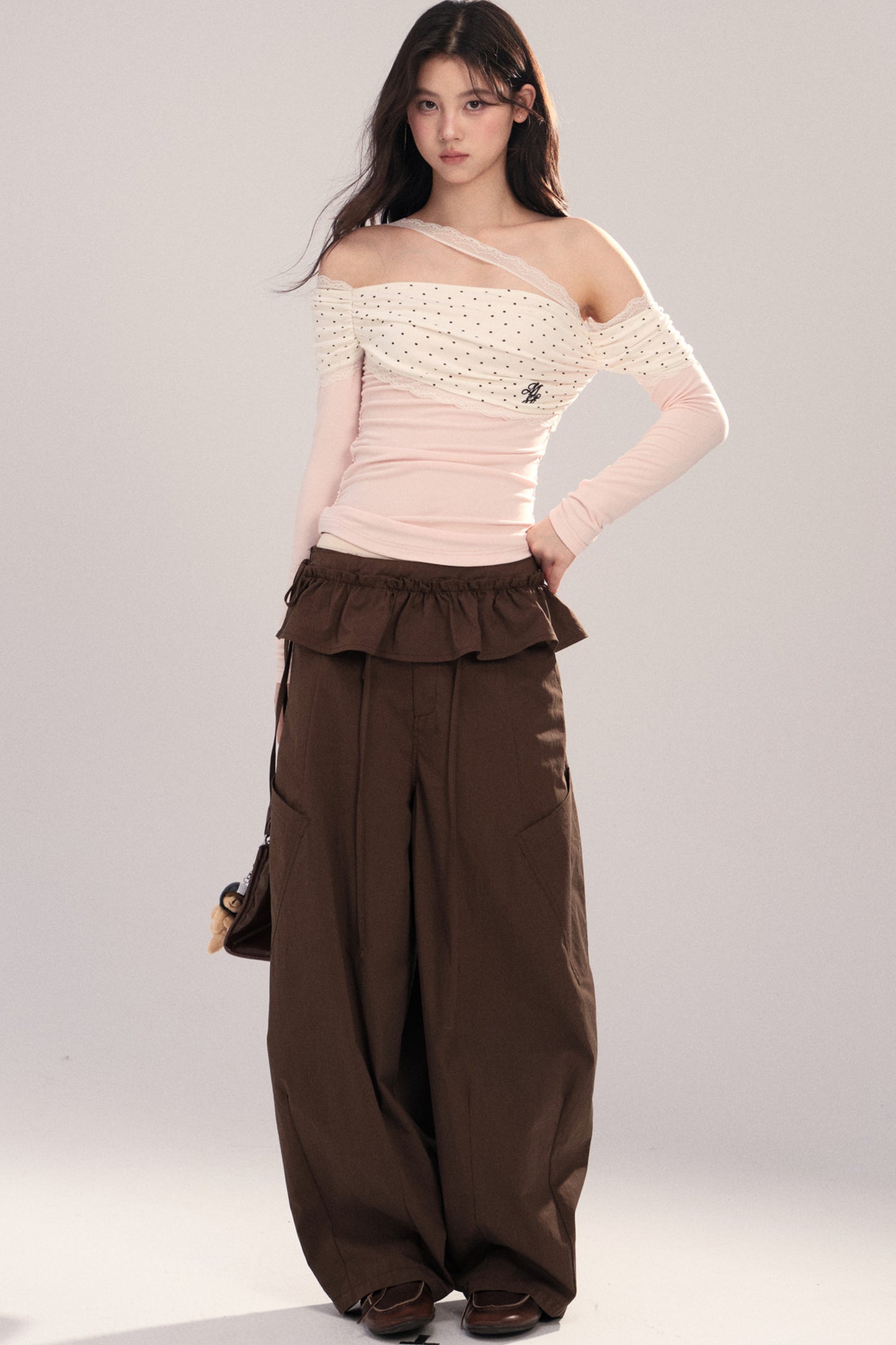 Polka Dot Spliced Lace Off-Shoulder T-Shirt