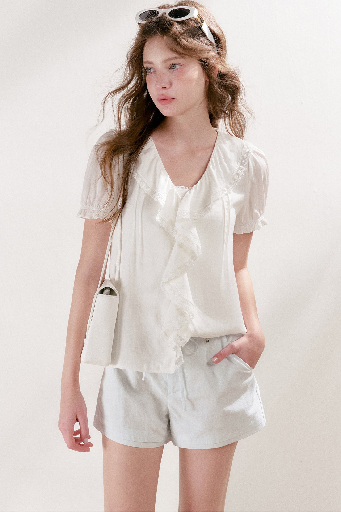 Mulberry Silk Lace Ruffle V-Neck Top