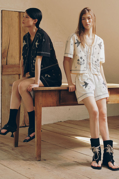 Bird Embroidered Cotton Linen Cardigan Set-Up