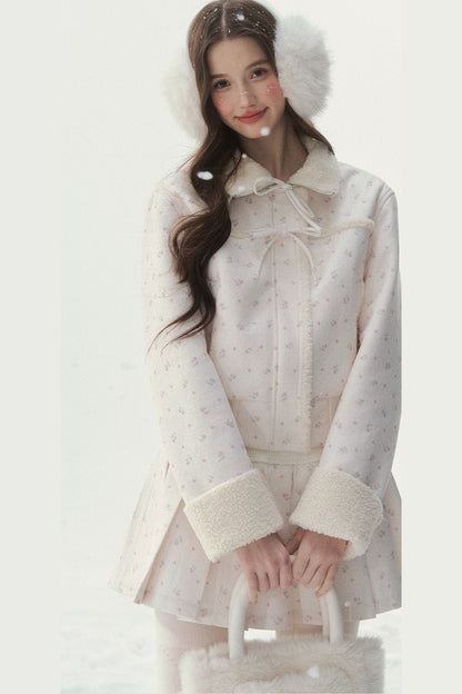Floral Corduroy Lambswool Patchwork Jacket and Pleated Skirt Set-Up