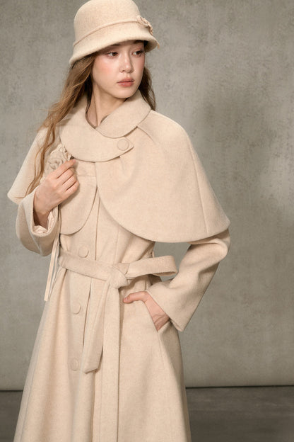 Floral Embroidered Long Woolen Cape Coat Set-Up