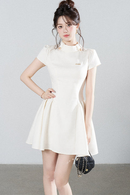 White Waist-Cinching A-Line Dress