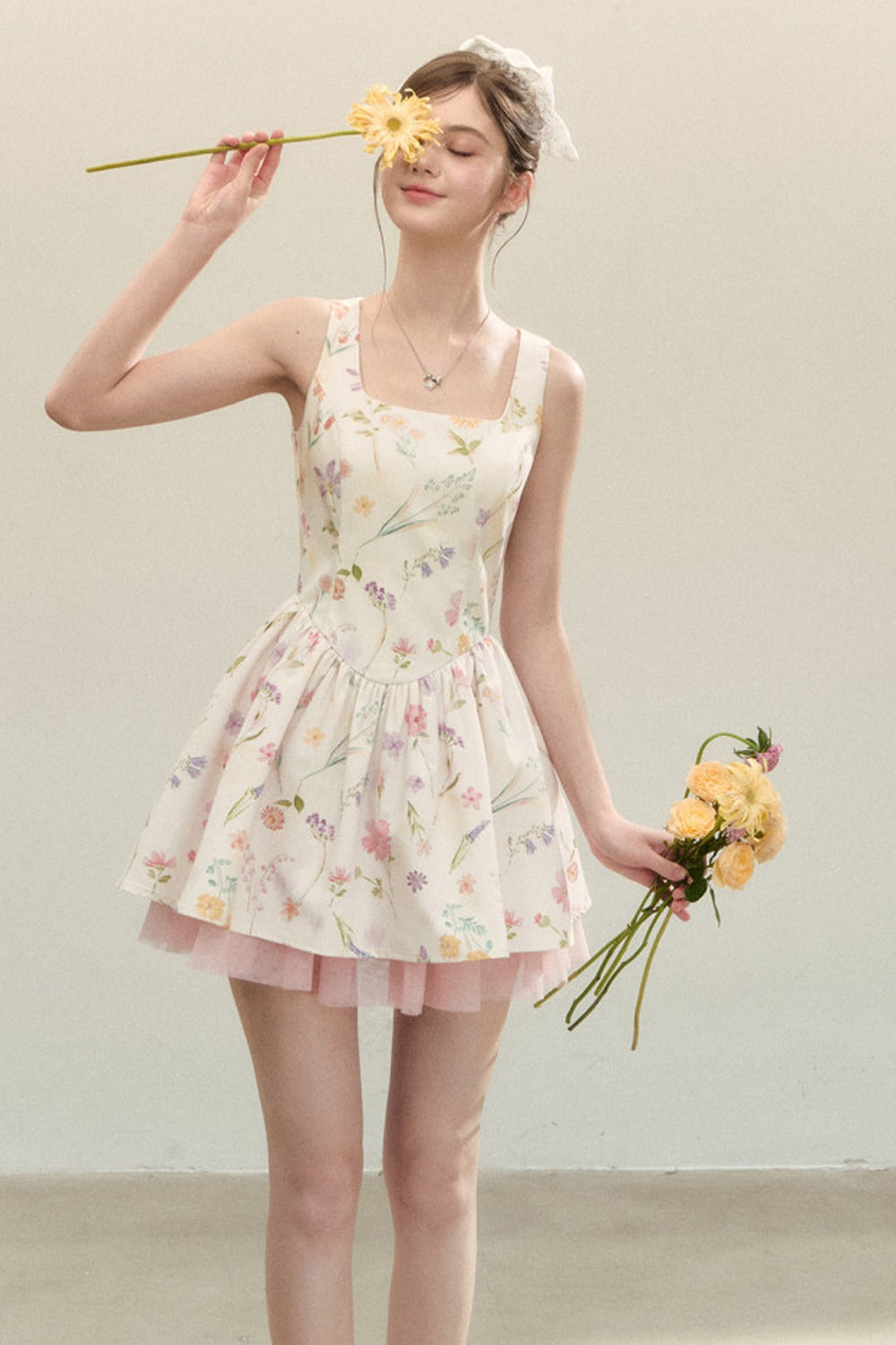 Floral Puffy Suspender Dress