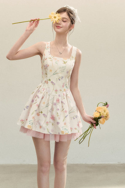 Floral Puffy Suspender Dress