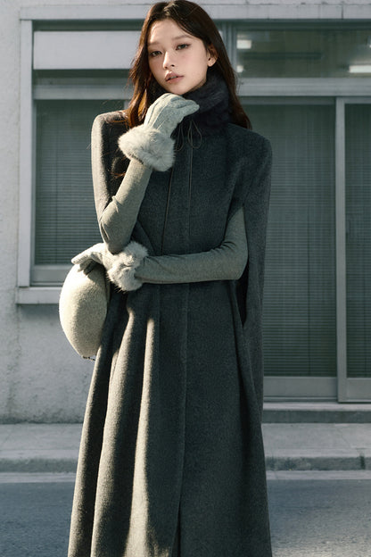 Sleeveless Fur Collar Woolen Cape