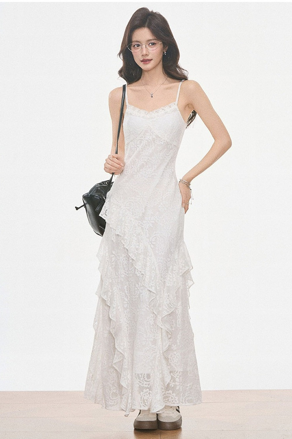 Petite Gray Wool Blazer and White Lace Slip Dress Set-Up
