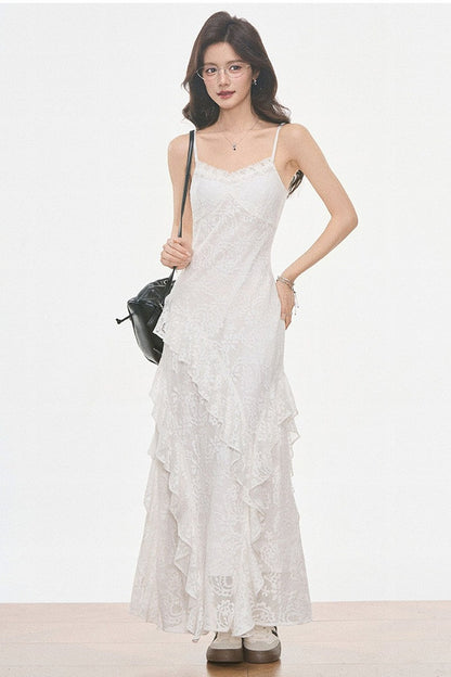 Petite Gray Wool Blazer and White Lace Slip Dress Set-Up