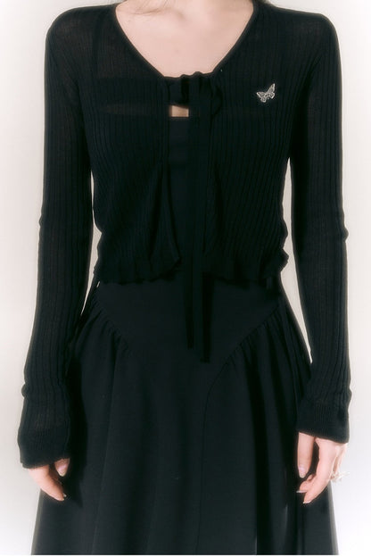 V-Ausschnitt-Strickjacke mit Bindeband