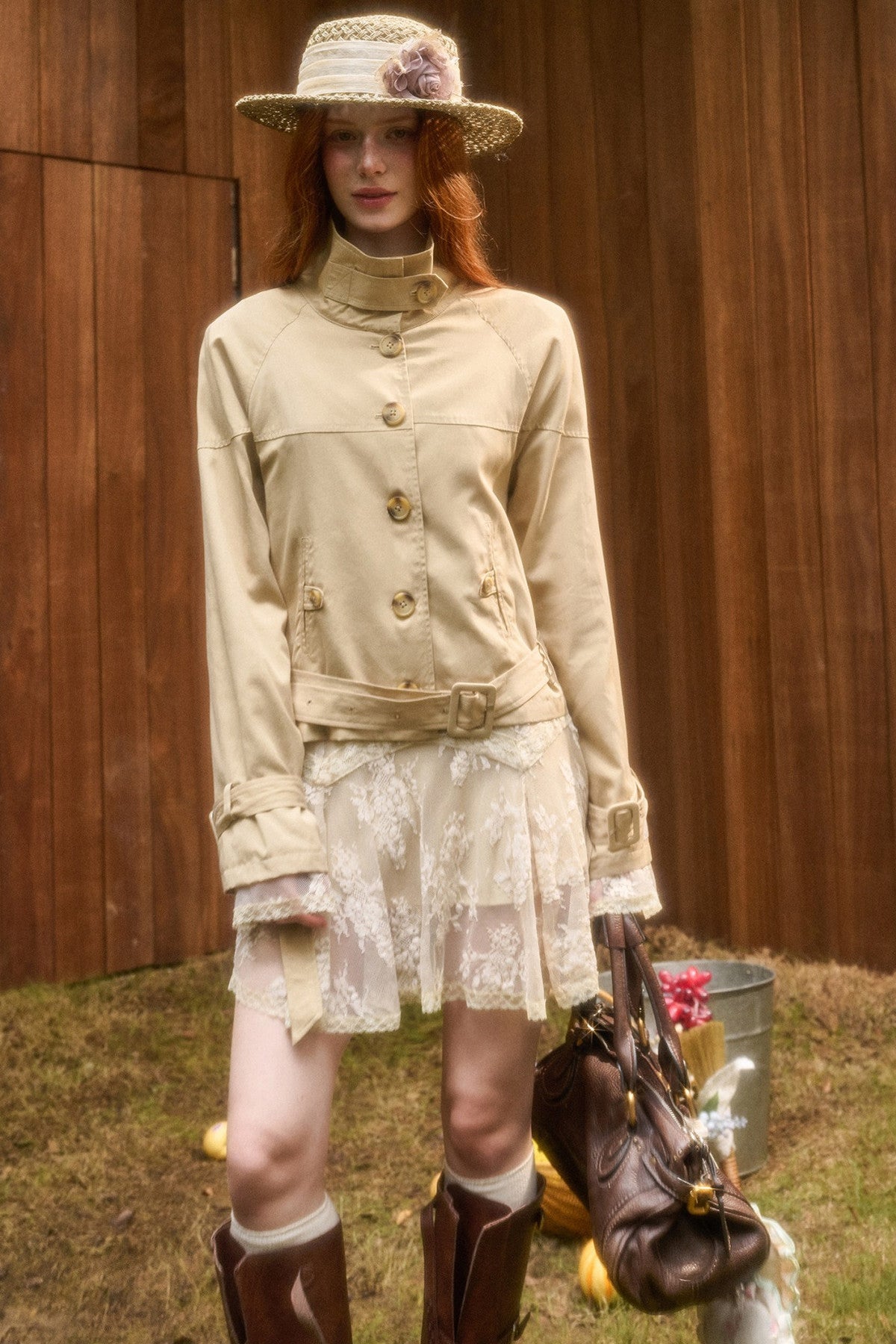 Skin Brown Short Trench Jacket