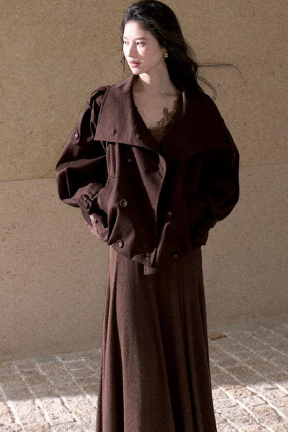 Spliced Lace Trim Long-Sleeve A-Line Dress