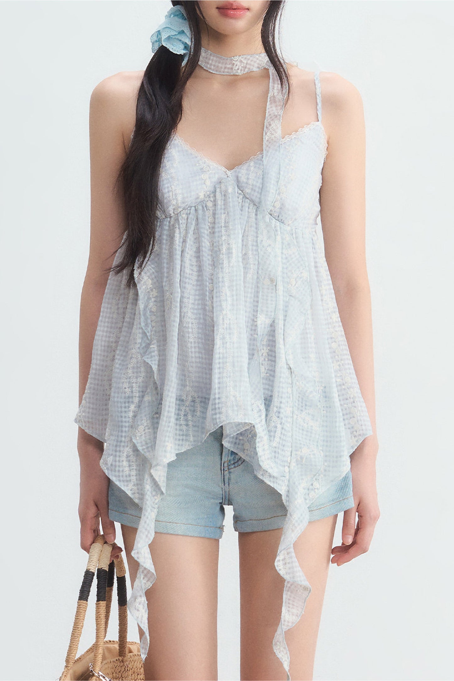 Irregular Hem Plaid Lace Camisole Top