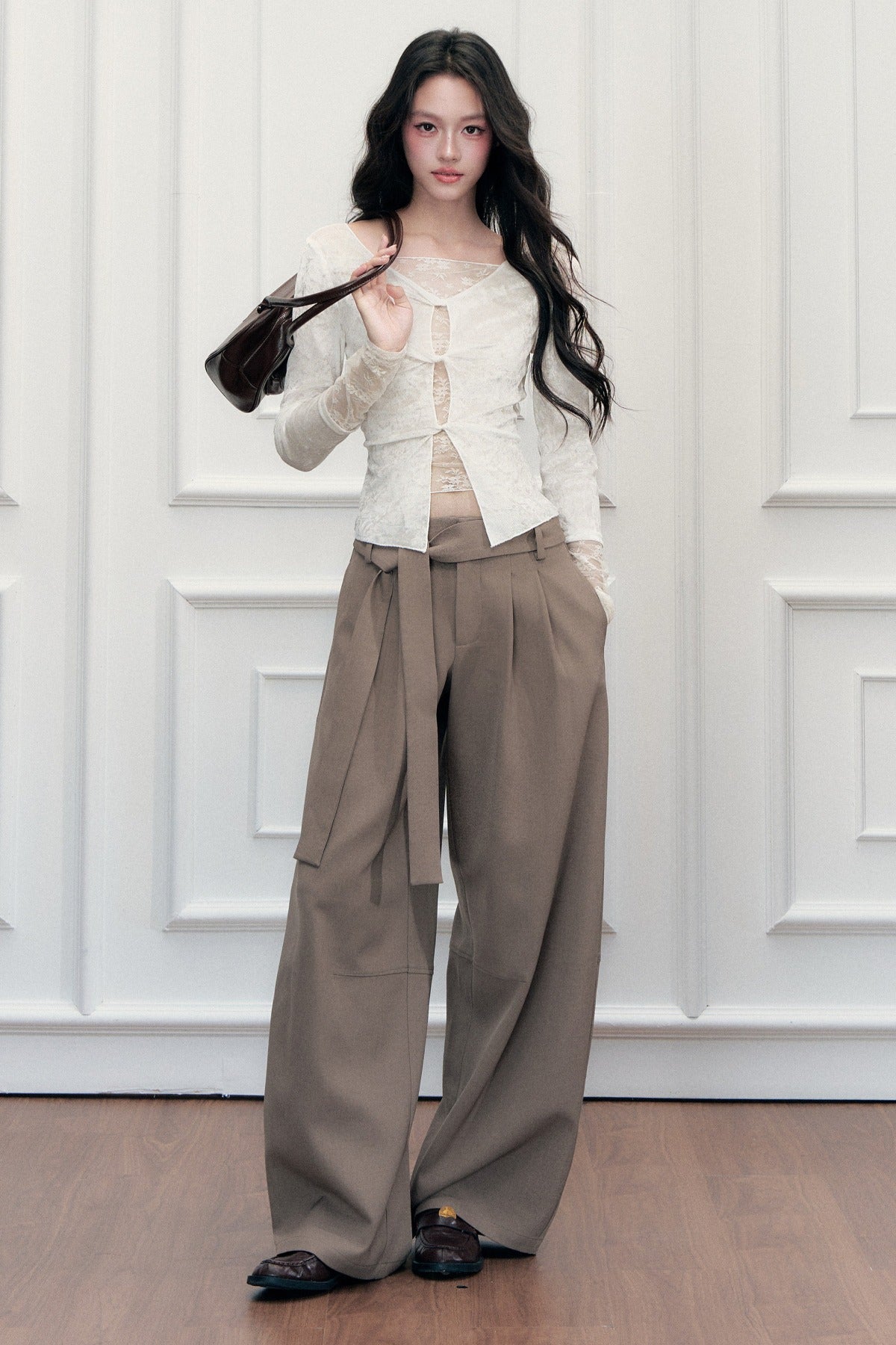 Drape Tie-Up Wide-Leg Suit Pants