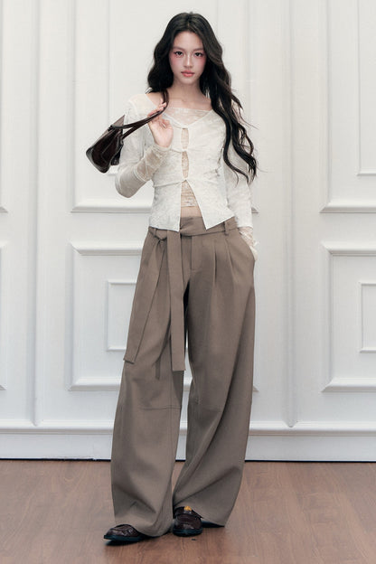 Drape Tie-Up Wide-Leg Suit Pants