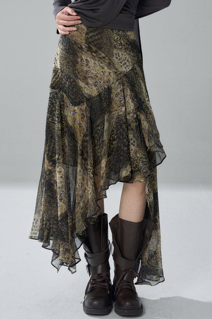 Asymmetrical Leopard Print Chiffon Skirt