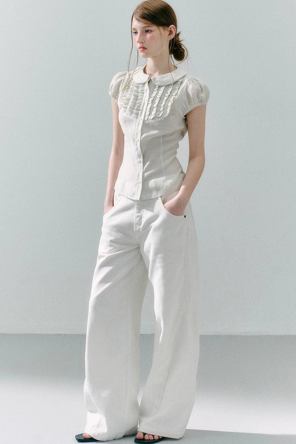 White Acetate Linen Ruffle Blouse