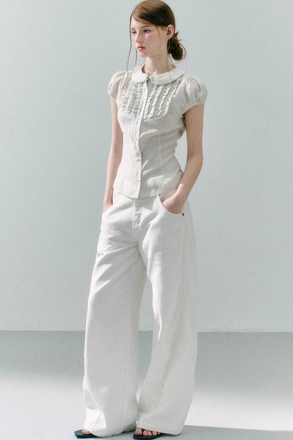White Acetate Linen Ruffle Blouse