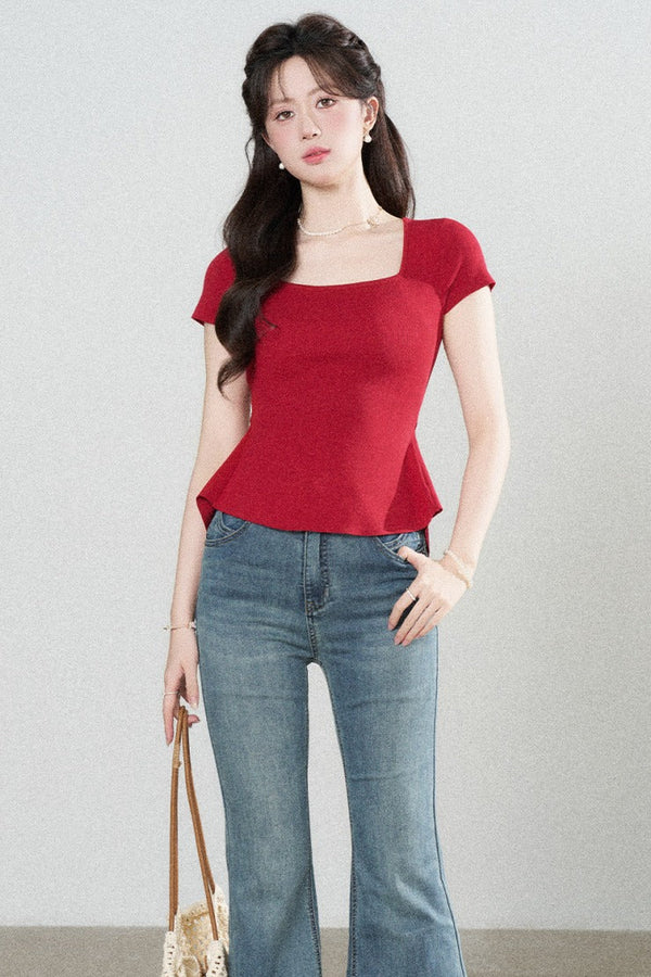 Square Neck Knit Top and Polka Dot Skirt Set-Up
