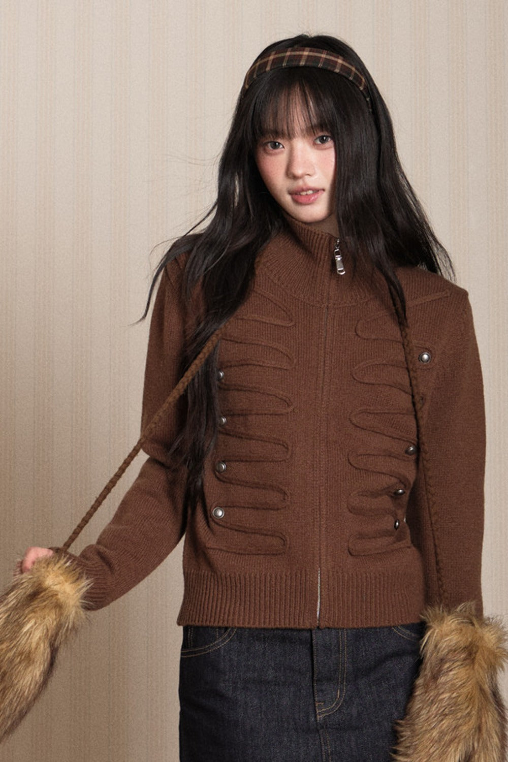 Napoleon Style Zipper Knit Cardigan