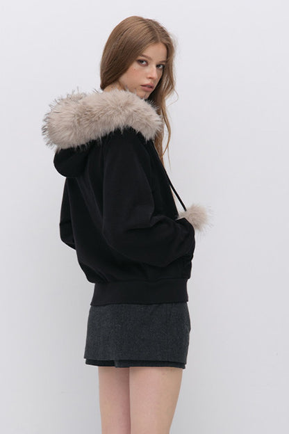 Fur Trim Hooded Sweatshirt and Sweatpants Set-Up