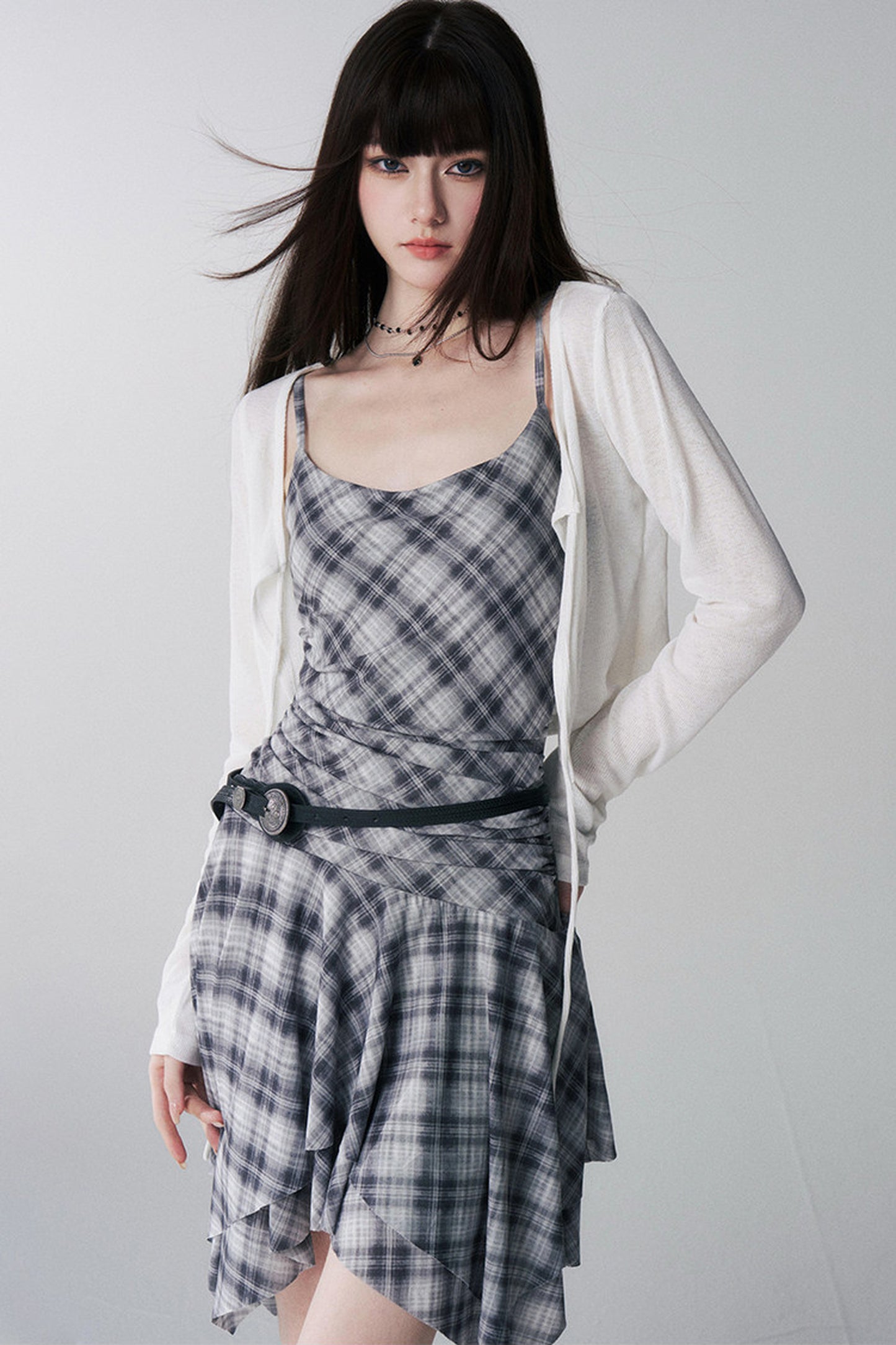 Irregular Plaid Suspender Dress Set-Up