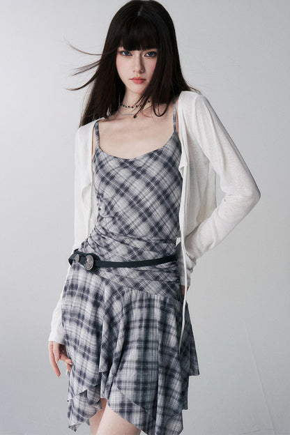 Irregular Plaid Suspender Dress Set-Up