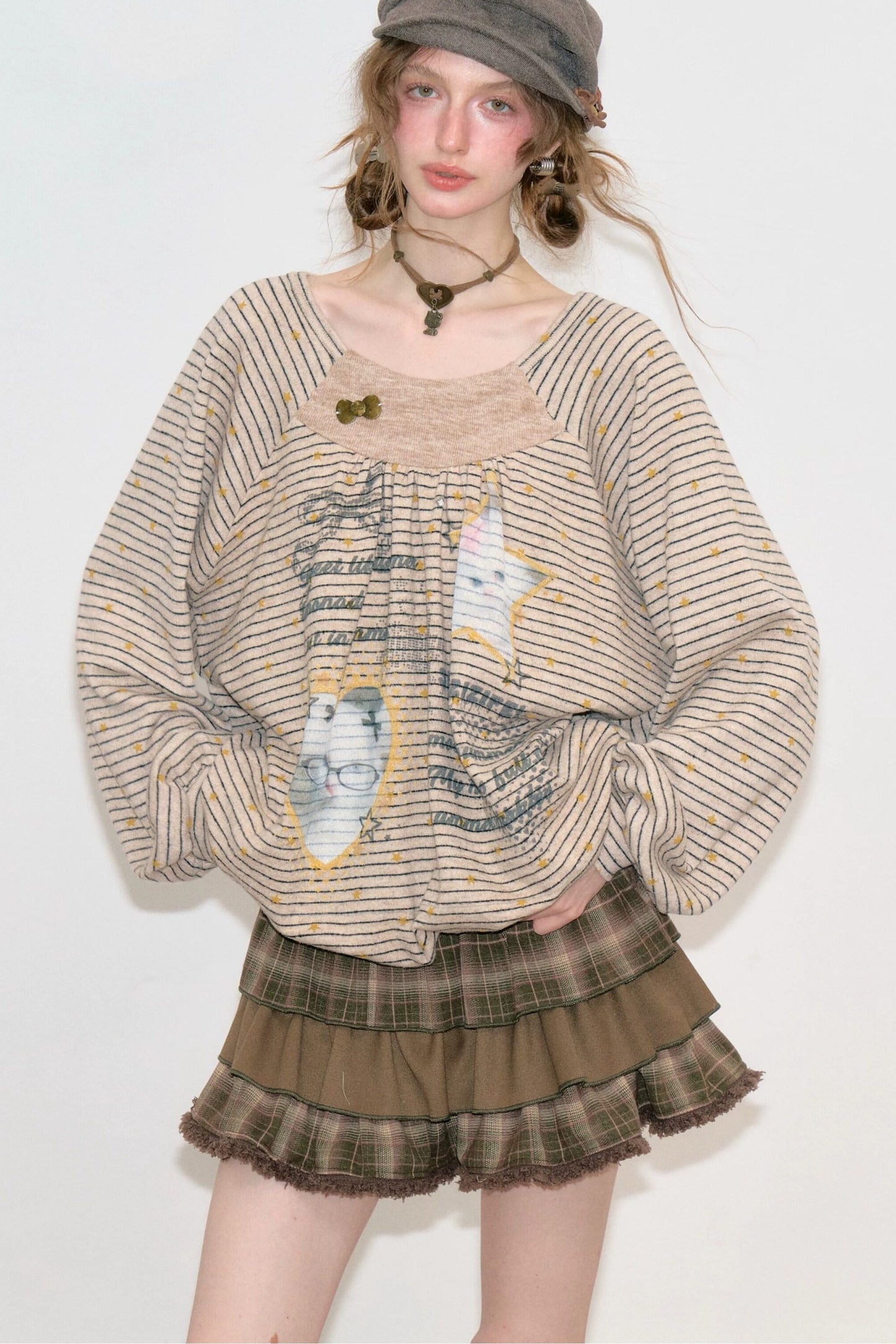Striped Cat Print Round Neck Sweatshirt
