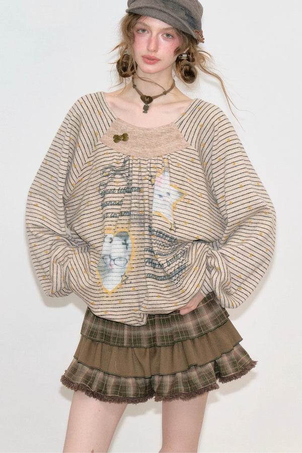 Striped Cat Print Round Neck Sweatshirt