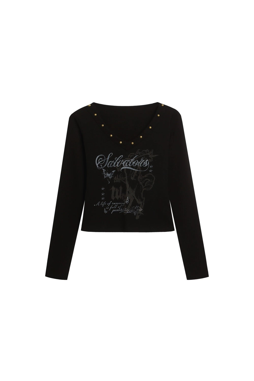 Black Studded V-Neck Long Sleeve Top