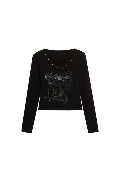 Black Studded V-Neck Long Sleeve Top