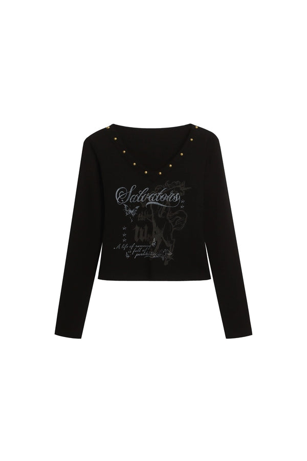 Black Studded V-Neck Long Sleeve Top
