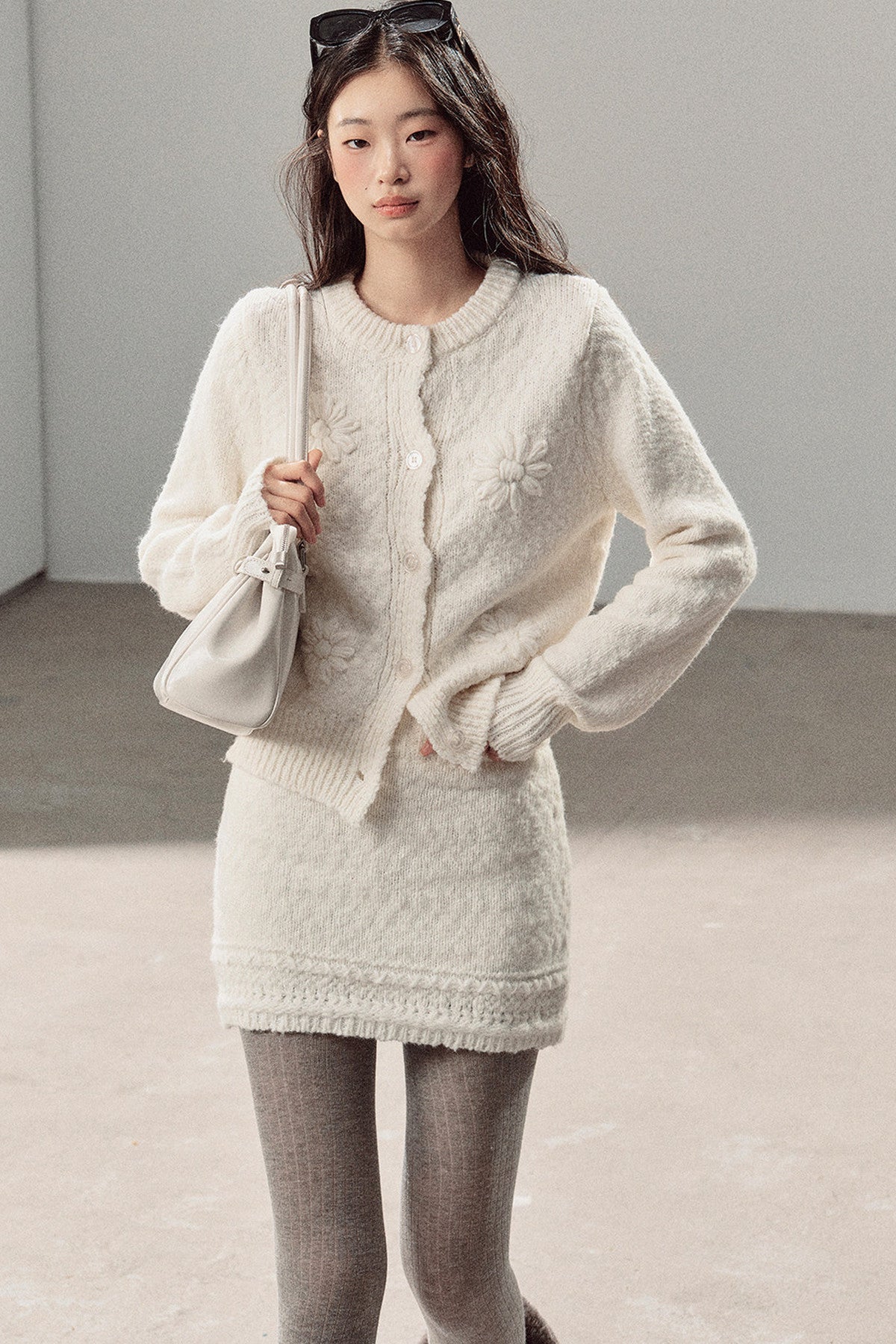 French Mercerized Wool Crochet Floral Cardigan and Skirt Set-Up