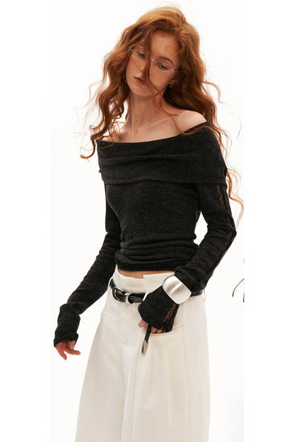 Off-Shoulder Long-Sleeve Cowl T-Shirt
