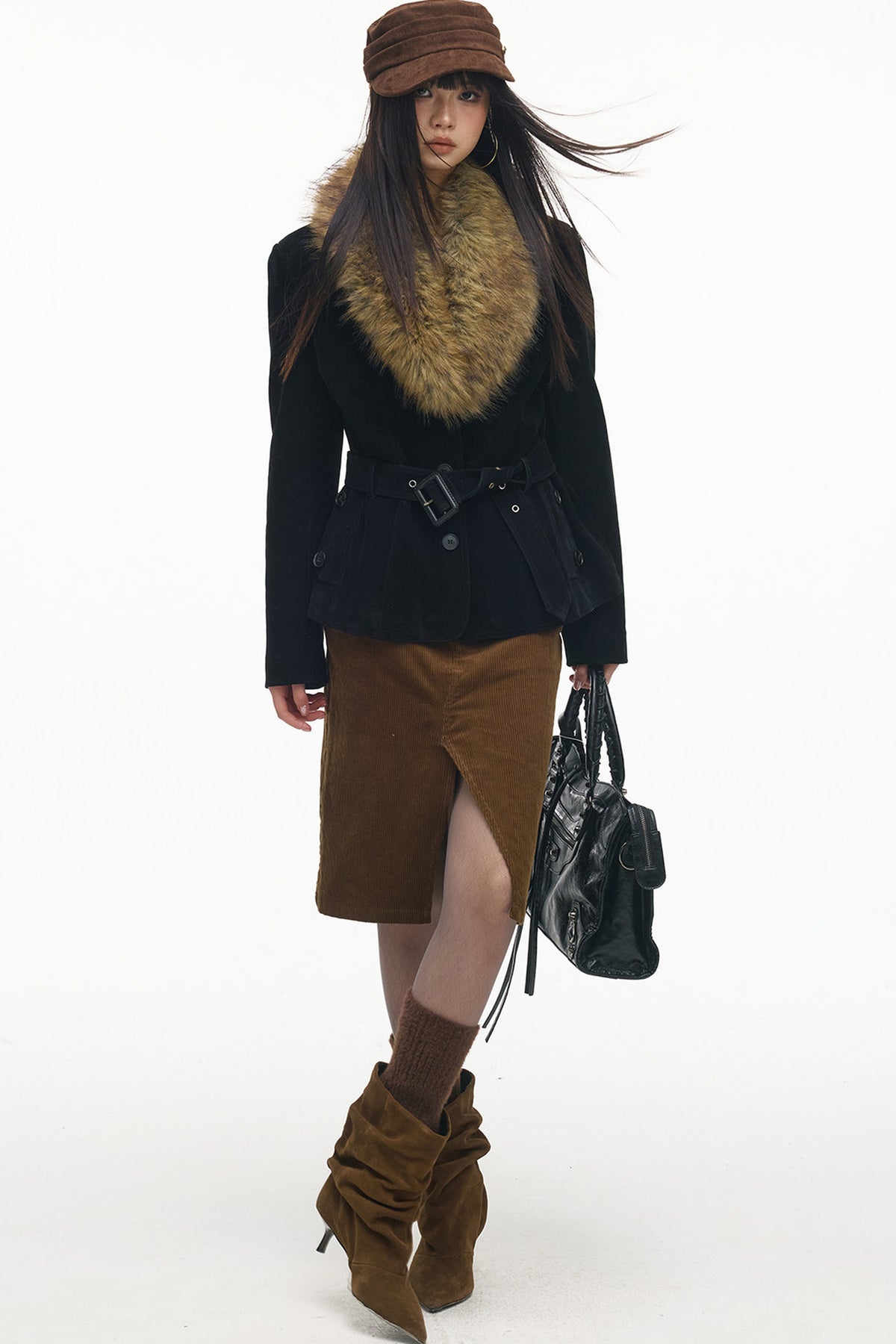 Belted Suede Fur Collar Jacket
