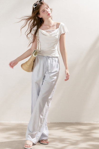 High-Waisted Linen Cotton Drawstring Wide-Leg Pants