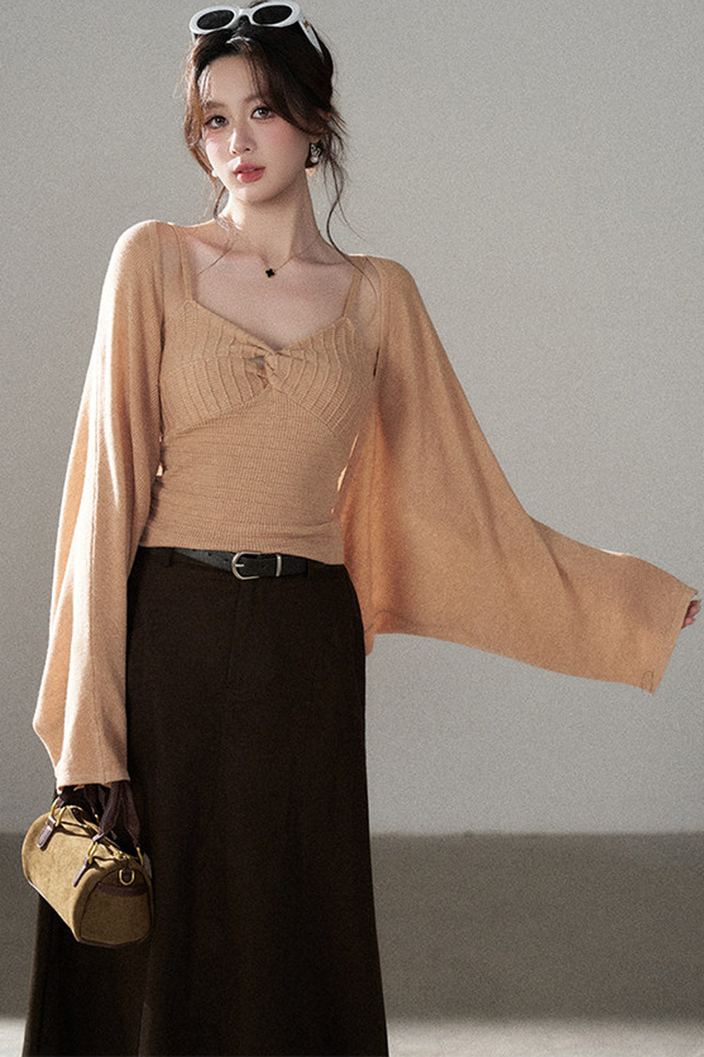 V-Neck Knitted Cardigan and Camisole Set-Up