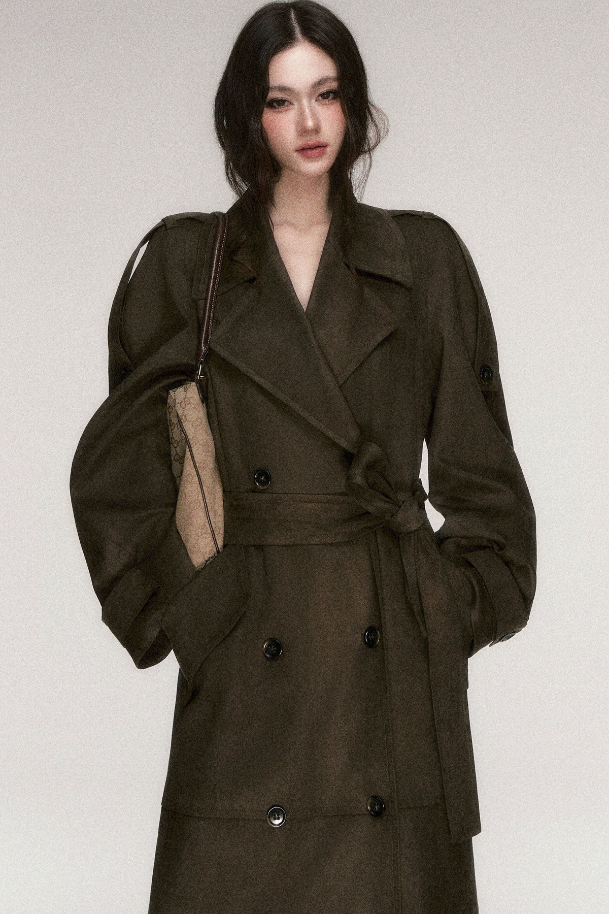 Brown Coffee Suede Long Trench Coat