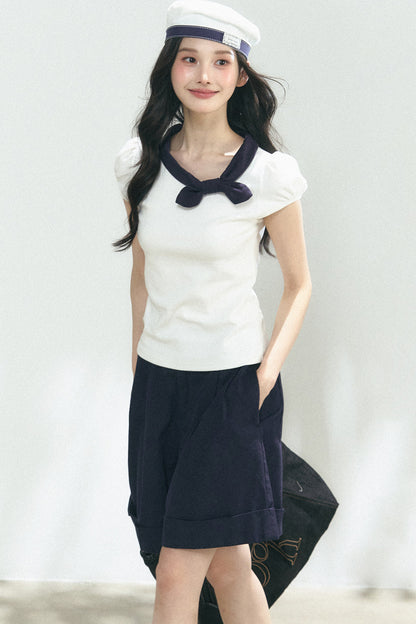 Navy Bow Puff Sleeve T-Shirt