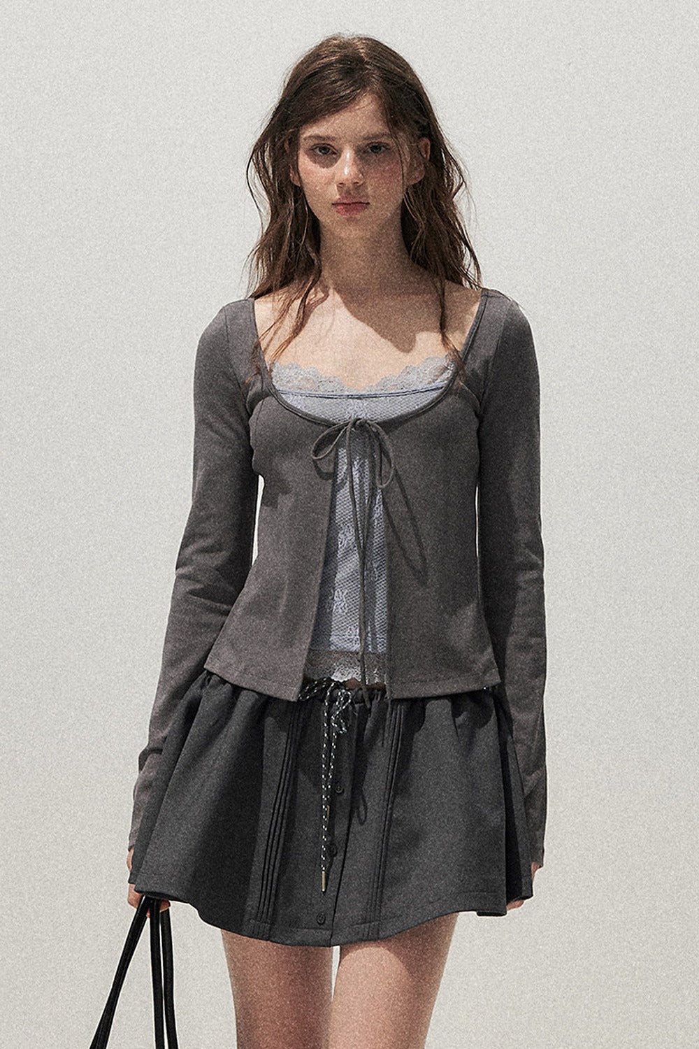 Lace Spliced Tie-Up Long Sleeve Top